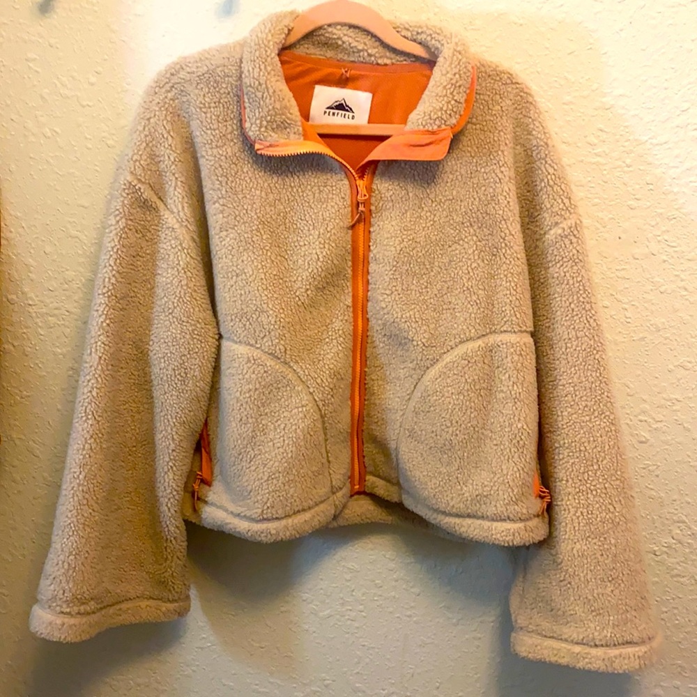 Penfield x Madewell Teddy Jacket, tan coat with cute salmon inside and zipper.